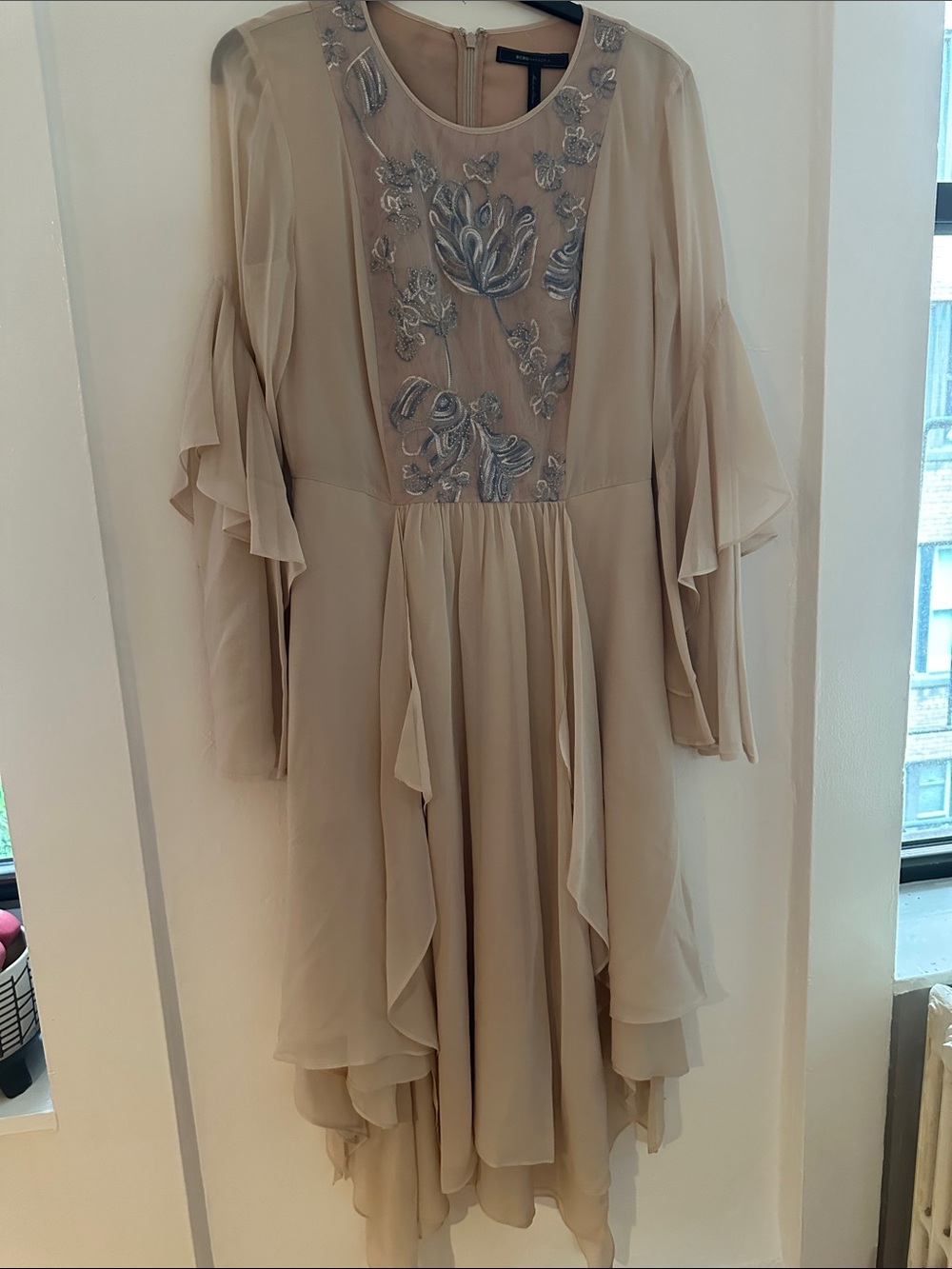 BCBG Women's Cream Embroidered Layered Chiffon Dress